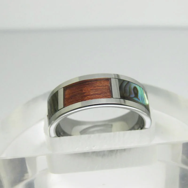 8MM Tungsten Carbide Rings Flat Silver Slotted Six-Piece Abalone And Cross Rosewood For Womens And Mens