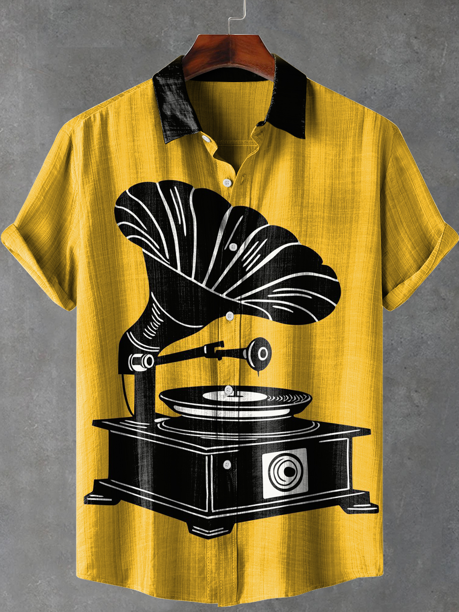 Retro Vinyl Record Cartoon Art Print Casual 100% Cotton Shirt