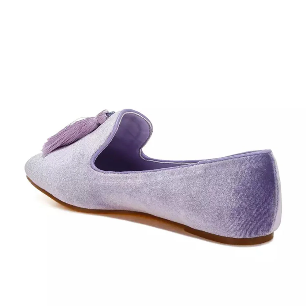 Velvet Tassel Decor Round Toe Loafer Shoes Women in Purple