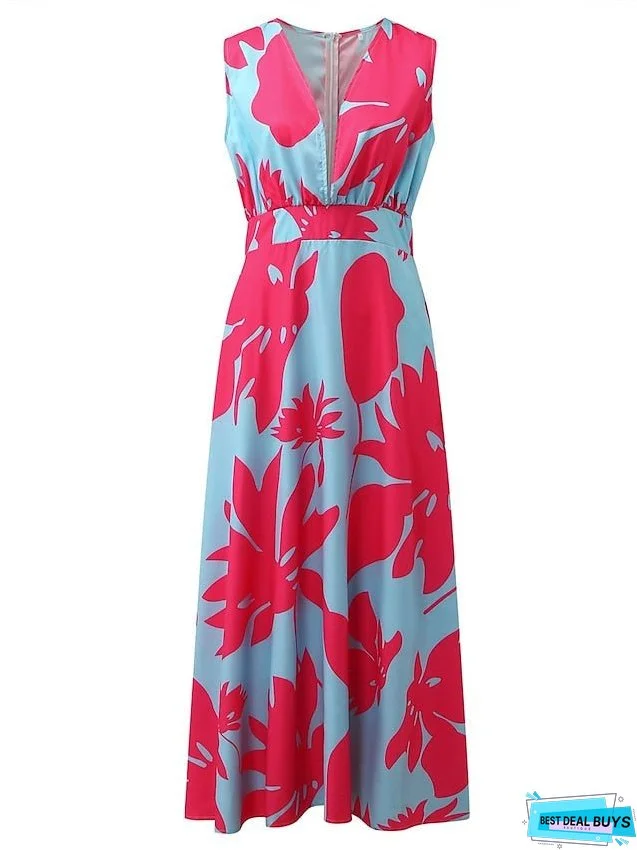 Casual Dress Swing Dress Floral Dress Long Dress Maxi Dress Green Blue Pink Sleeveless Floral Print Spring Summer Deep V Hot Daily S M L XL XXL for Women