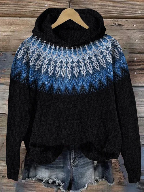 Vintage Tribal Icelandic Pattern Cozy Hooded Sweater