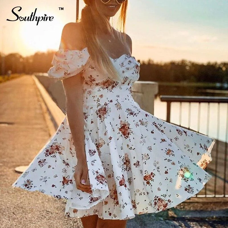 Back To College Southpire Women's quare Collar Black Flower Print  Sundress Short Sleeve Backless Mini Summer Party Dress Daily Clothing