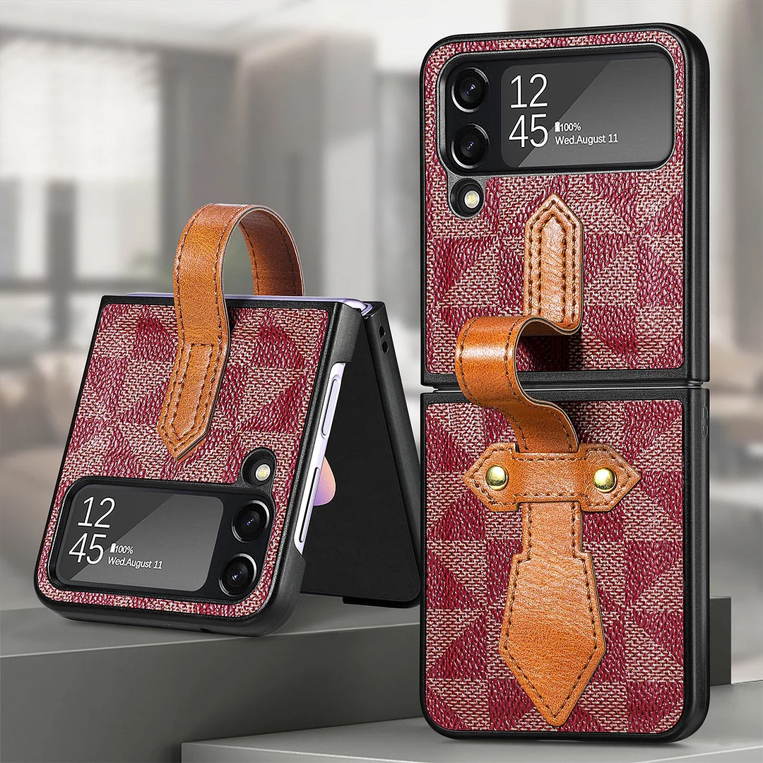Luxury Lattice Leather Phone Case With Kickstand And Wristband For Galaxy Z Flip4