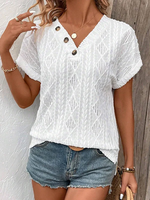 Buttoned Solid Color Loose Short Sleeves V-Neck T-Shirts Tops