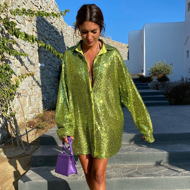 Mini V Neck Green Sequins Party Dresses Shitrs Long Sleeve 2022 Autumn Winter Loose Pink Y2K Women Dress Sexy Club Glitter