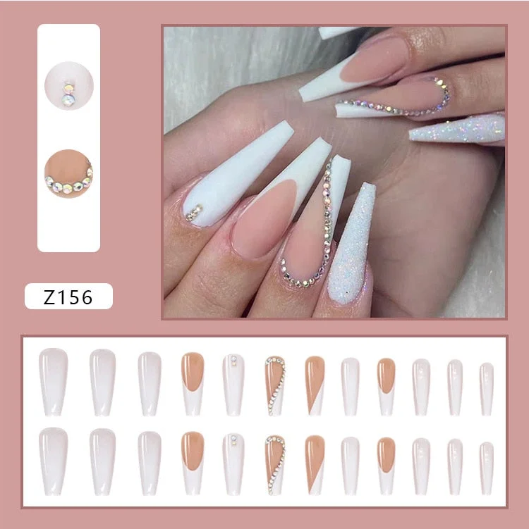 24PCS Shiny Crystals Nail Patch Sweet Style Glue Type Removable Long Paragraph Manicure Save Time False Nail Patch SANA889-Nail Inspo