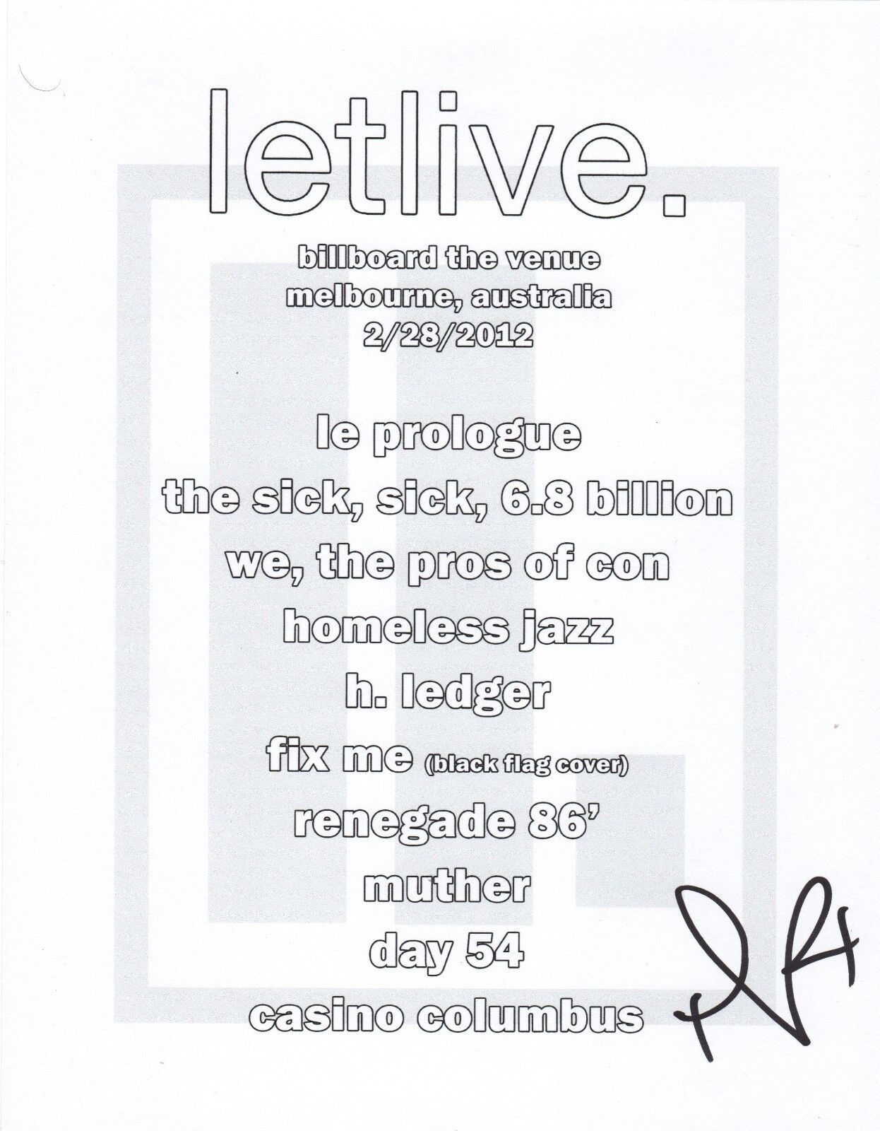 Jason Butler of Letlive. band REAL hand SIGNED set list #2 COA Letlive Fever 333