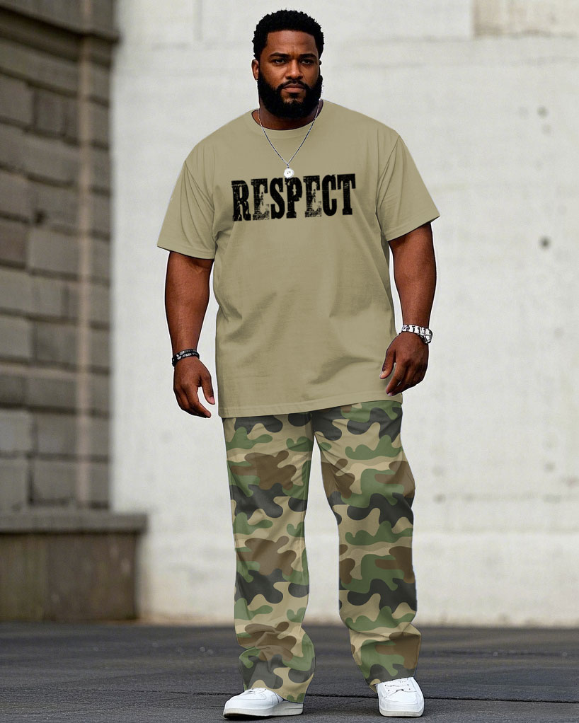 Men's Plus Size Casual Khakis & Green Army Camouflage "Respect" Slogan Chest Print Short-sleeved T-shirt Trousers Suit