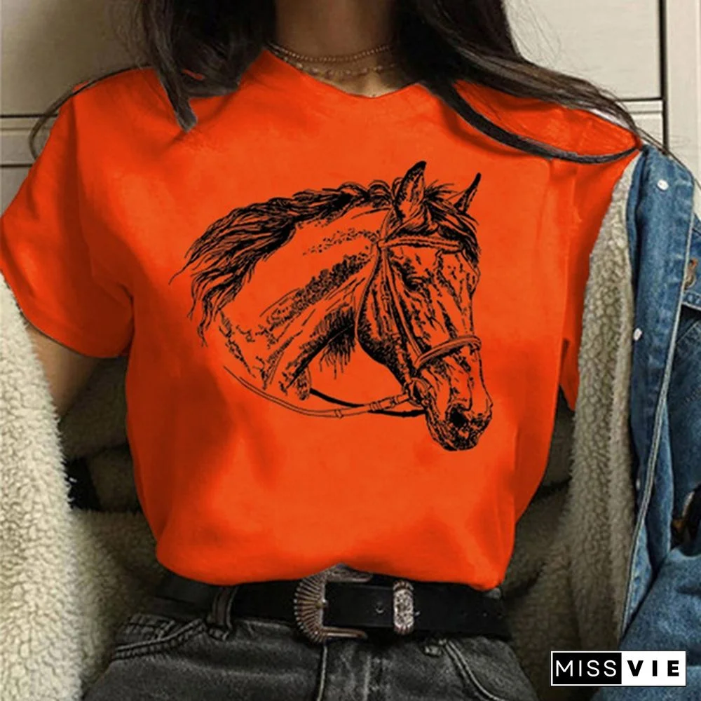 Fashion Women's & Girls Short Sleeve Horse Print T-shirt Summer Crew Neck Blouse Womens Casual Graphic Tees Tops Animal Lovers Gifts