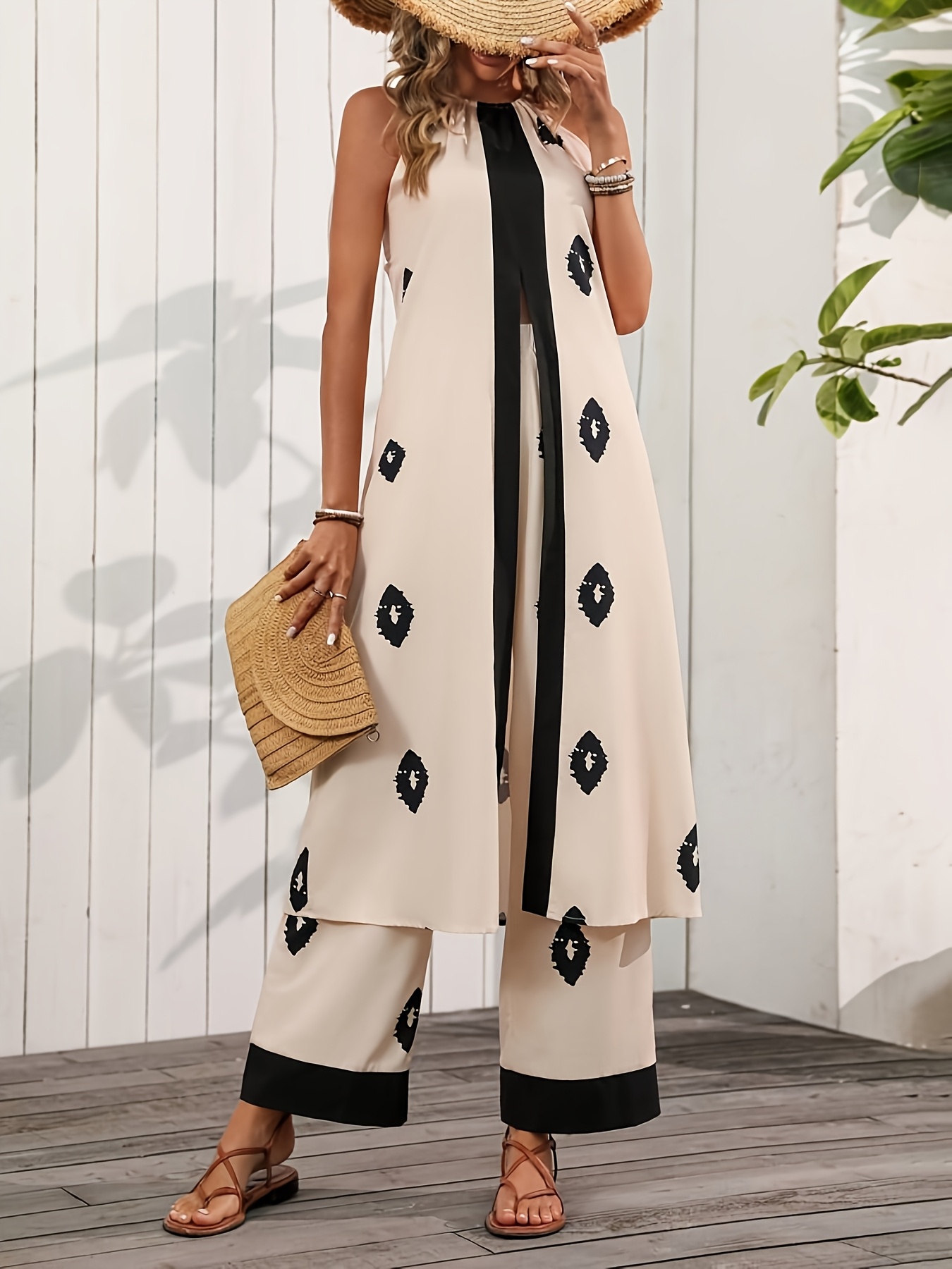 Womens Beach Vacation Suit Bohemian Style Random Print Cardigan And Trousers Two Piece Set | IFYHOME