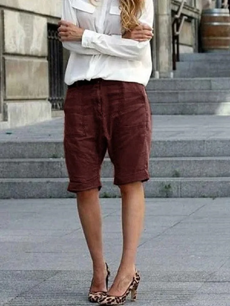 Women's Fashionable Loose Fitting Casual Cotton And Linen Shorts