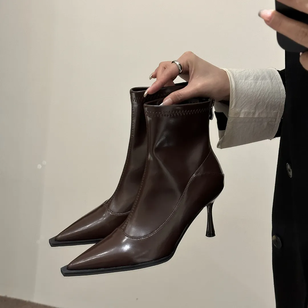Churchf Churchf Autumn And Winter 2023 Thin Boots ~ Thin Heel, High Heel, Pointed Head, Soft Leather, Rear Zipper Korean Version Of Versatile Short Boots