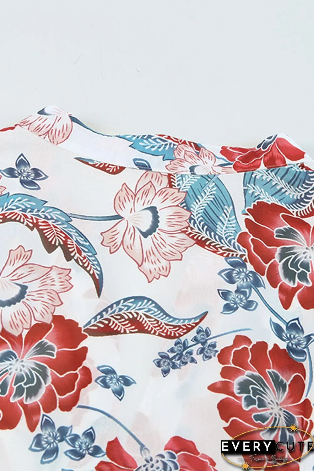 Red Split Neck Bubble Sleeve Floral Patchwork Blouse
