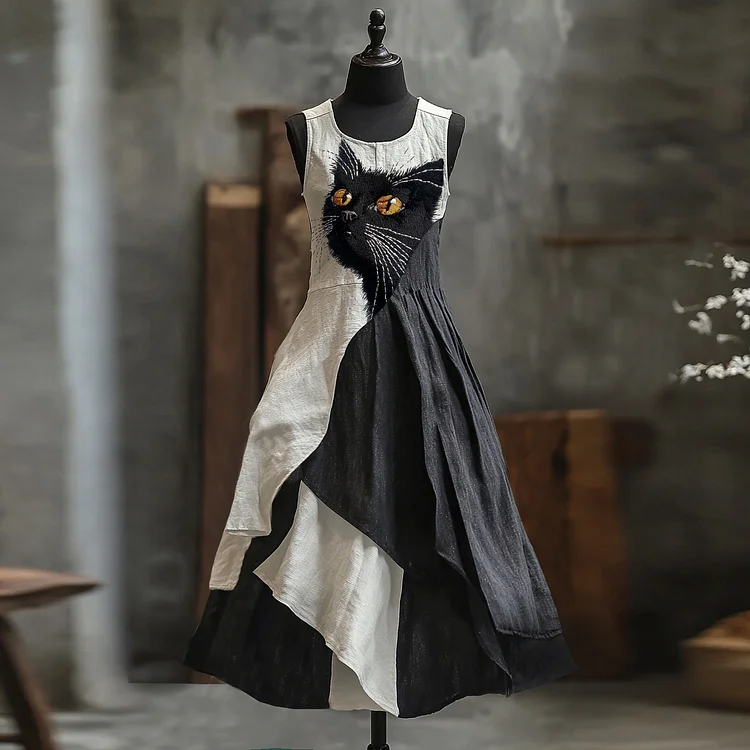 Cute Black Cat Embroidered Art Linen Contrast Color Sling Dress