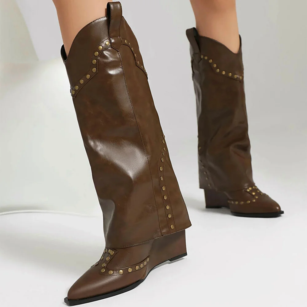 Chocolate Brown Wedge Heel Knee High Fold Over Boots for Women