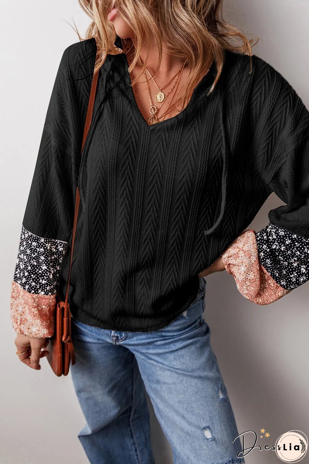 Black Floral Patchwork Textured Knit Drawstring V Neck Blouse