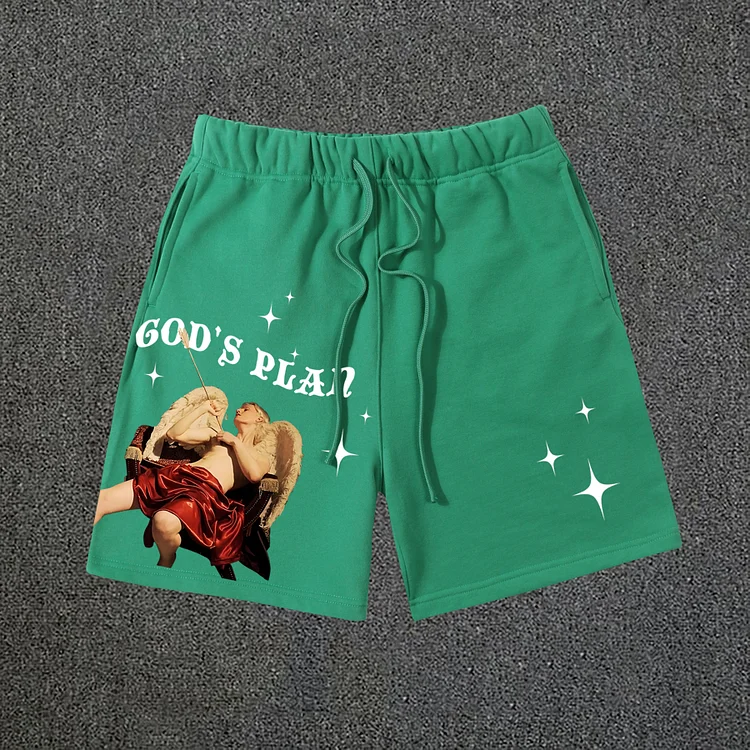 Vintage God's Plan Print Graphic Cotton Drawstring Shorts SOPULA