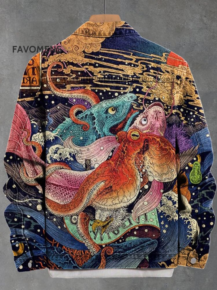 Vintage Japanese Art Ukiyo-E Octopus Sea Beast And Sun Print Casual Denim Jacket Multicolor / S