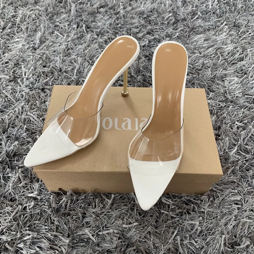 Fashion PVC Women Pumps Summer Pointed Toed High Heels Women Metal Stiletto Heel Sandals Slippers Woman Party Mules Shoes