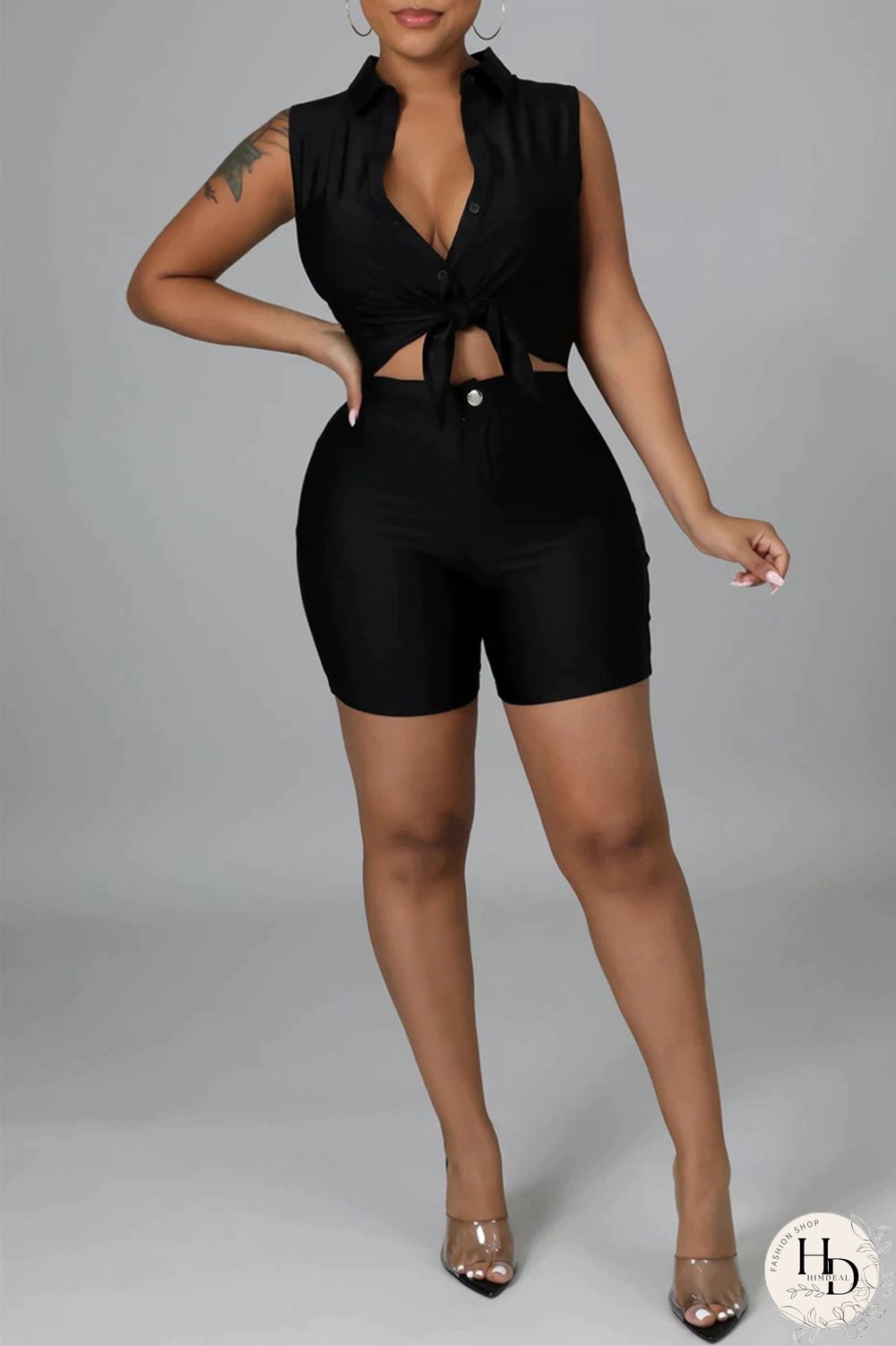 Black Fashion Casual Solid Basic Turndown Collar Sleeveless Two Pieces