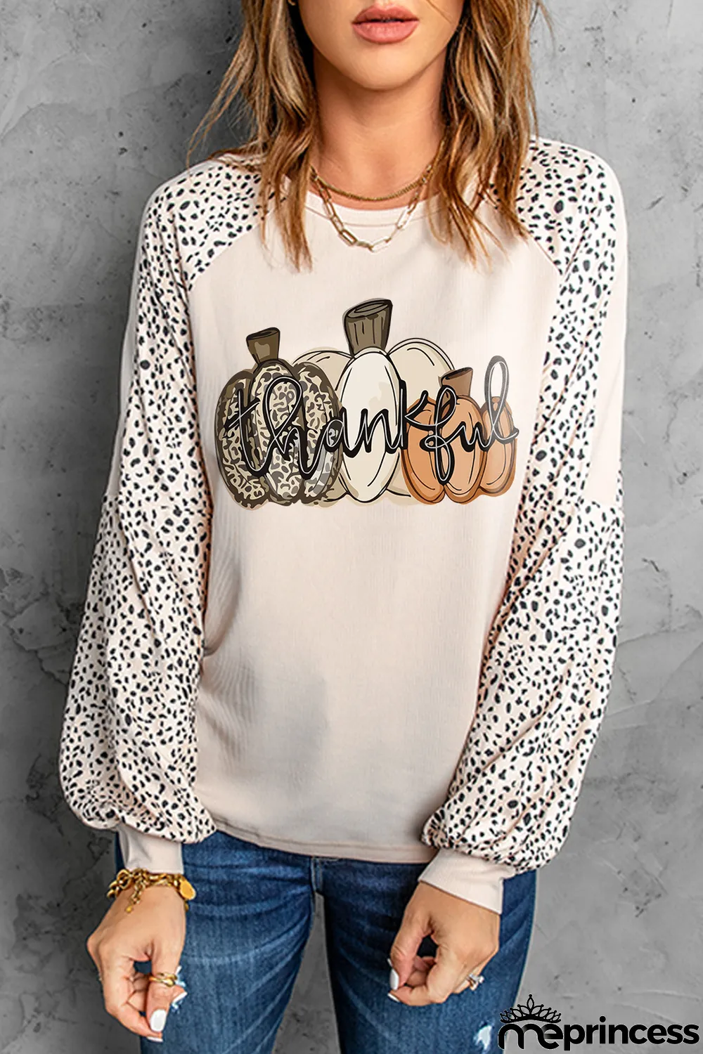 Khaki Thankful Pumpkin Leopard Print Long Sleeve Top