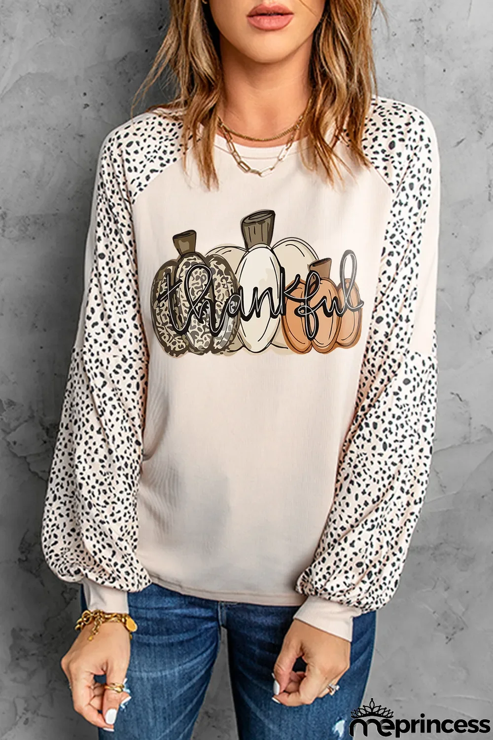Khaki Thankful Pumpkin Leopard Print Long Sleeve Top