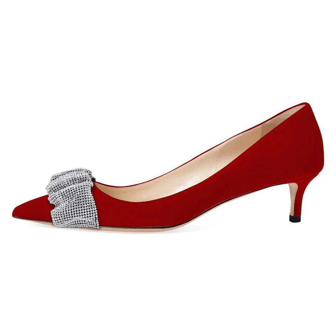 Faux Suede Pointed Toe Rhinestone Embellished Red Elegant Pumps