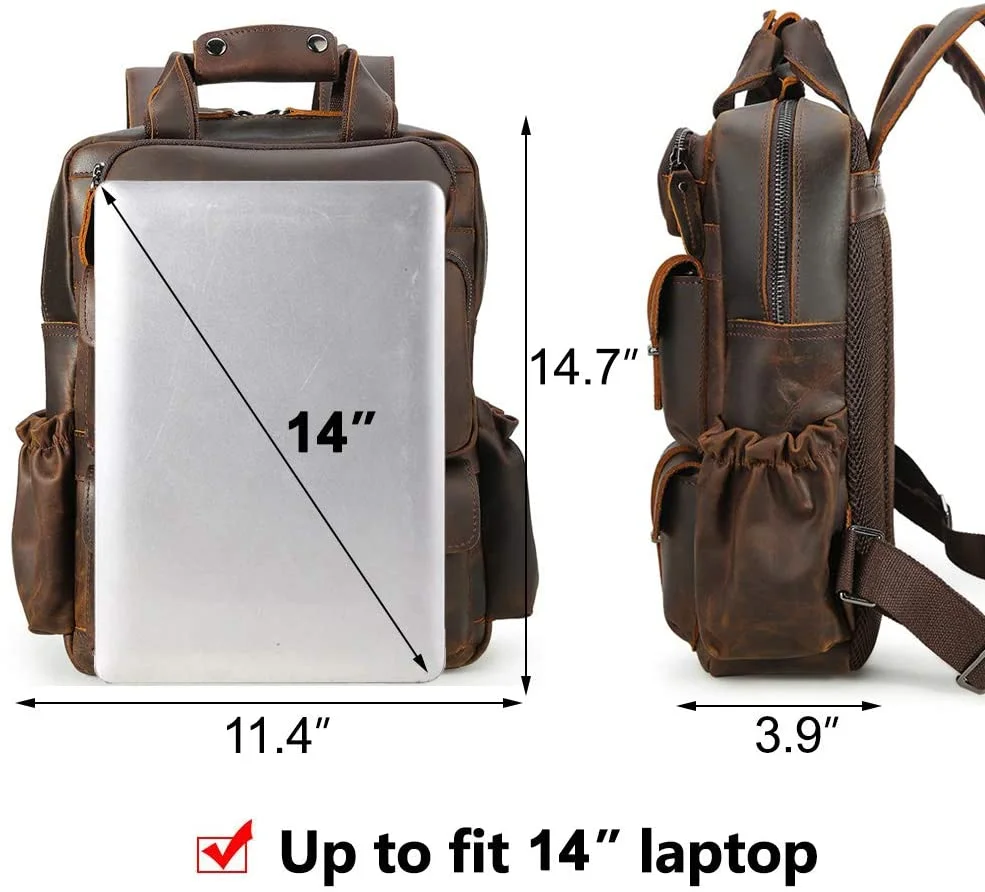 Vintage Genuine Leather Backpack 14 Inch Laptop Bag Multi Pockets School Travel Daypack