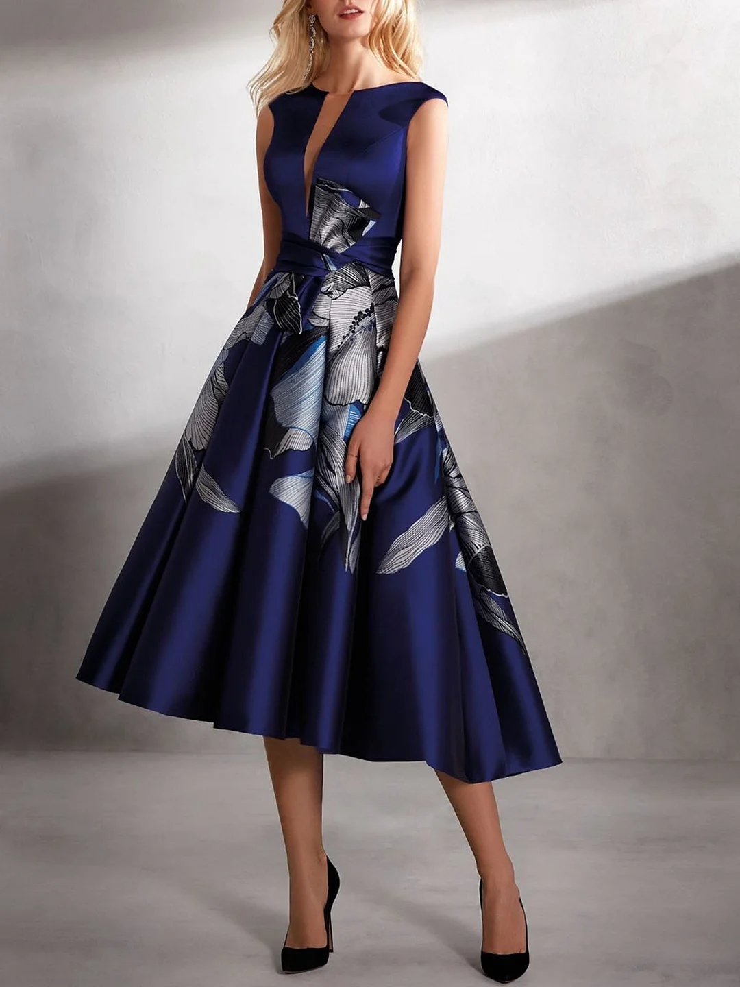 Asymmetric Printed A-Line Prom Party Elegant Backless Midi Dress
