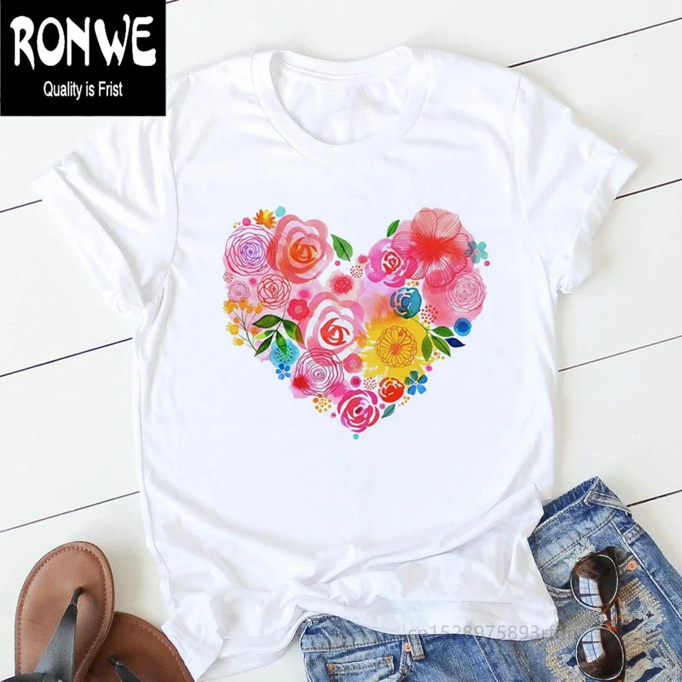 Pink Heart Flower Print Women Tshirt Cotton Casual Funny T Shirt Gift 90s Lady Yong Girl Drop Ship PKT-894