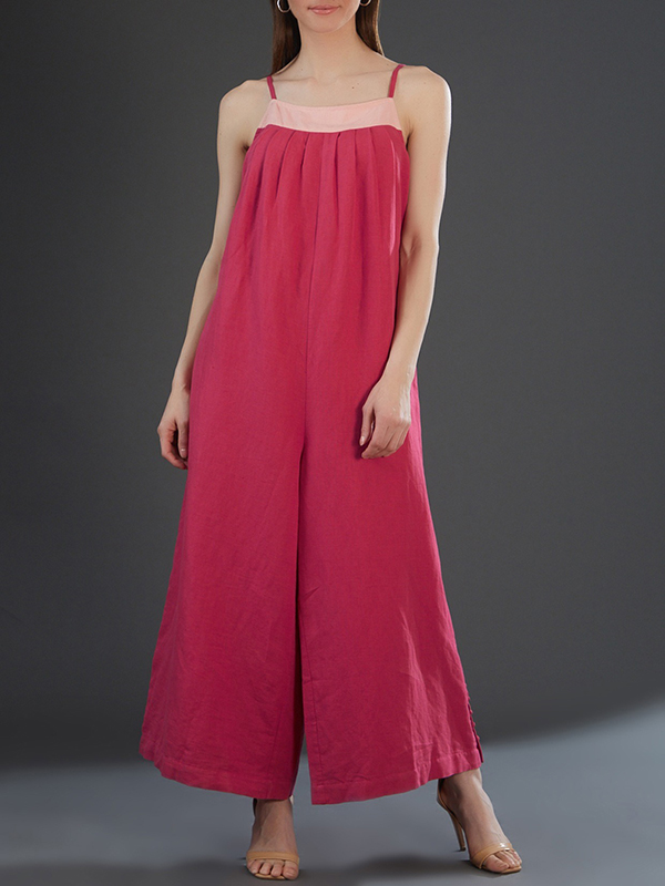 Side Button Strap Contrast Color Loose Jumpsuit
