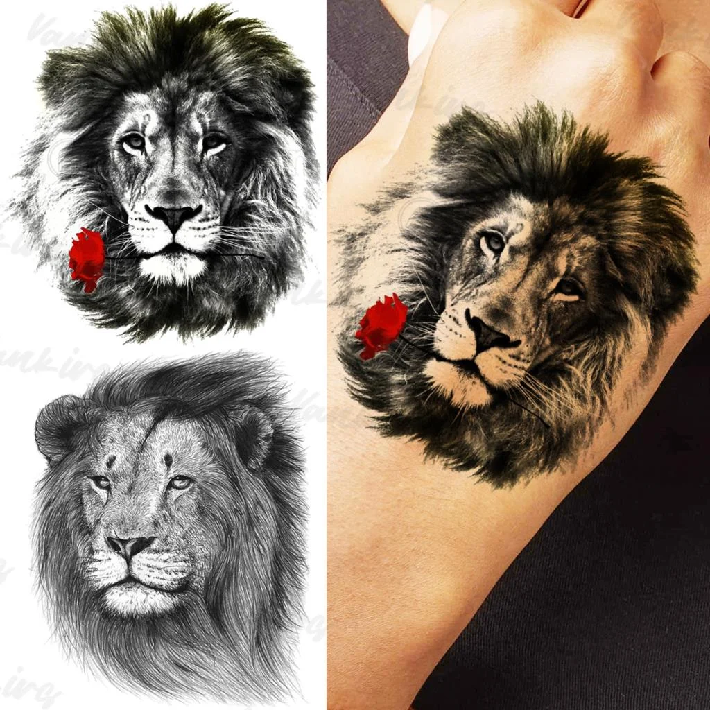 Sdrawing Lion Knight Temporary Tattoos For Men Adults Realistic Tiger Skeleton Fake Tattoo Sticker Arm Water Transfer Tatoos 3D