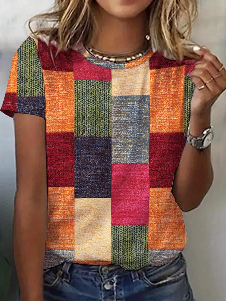 Spring And Summer Leisure Square Print Casual Versatile Women's T-Shirt