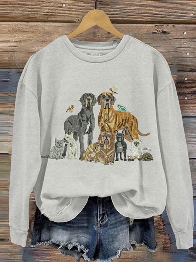 Comstylish Embroidered Art Dog Print Crew Neck Casual Sweatshirt