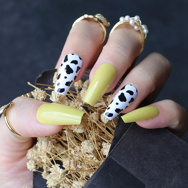 Black white mix and match cow print fake nails Medium coffin false nail UV design gel popular Black spots-Nail Inspo