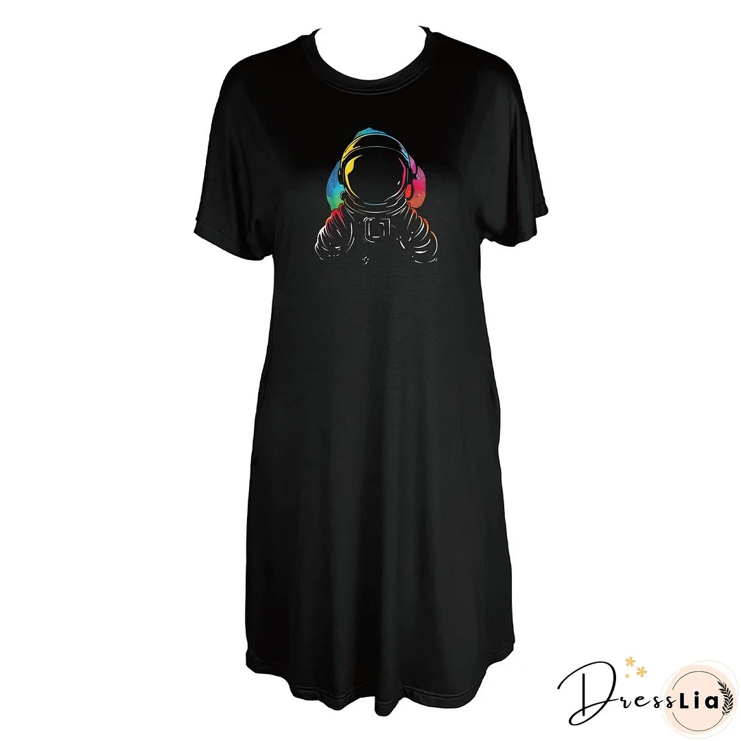 Cosmic DJ Astronaut with Headphones Print Crew Neck Tee Dress Casual Short Sleeve Dress For Spring & Summer Women's Clothing