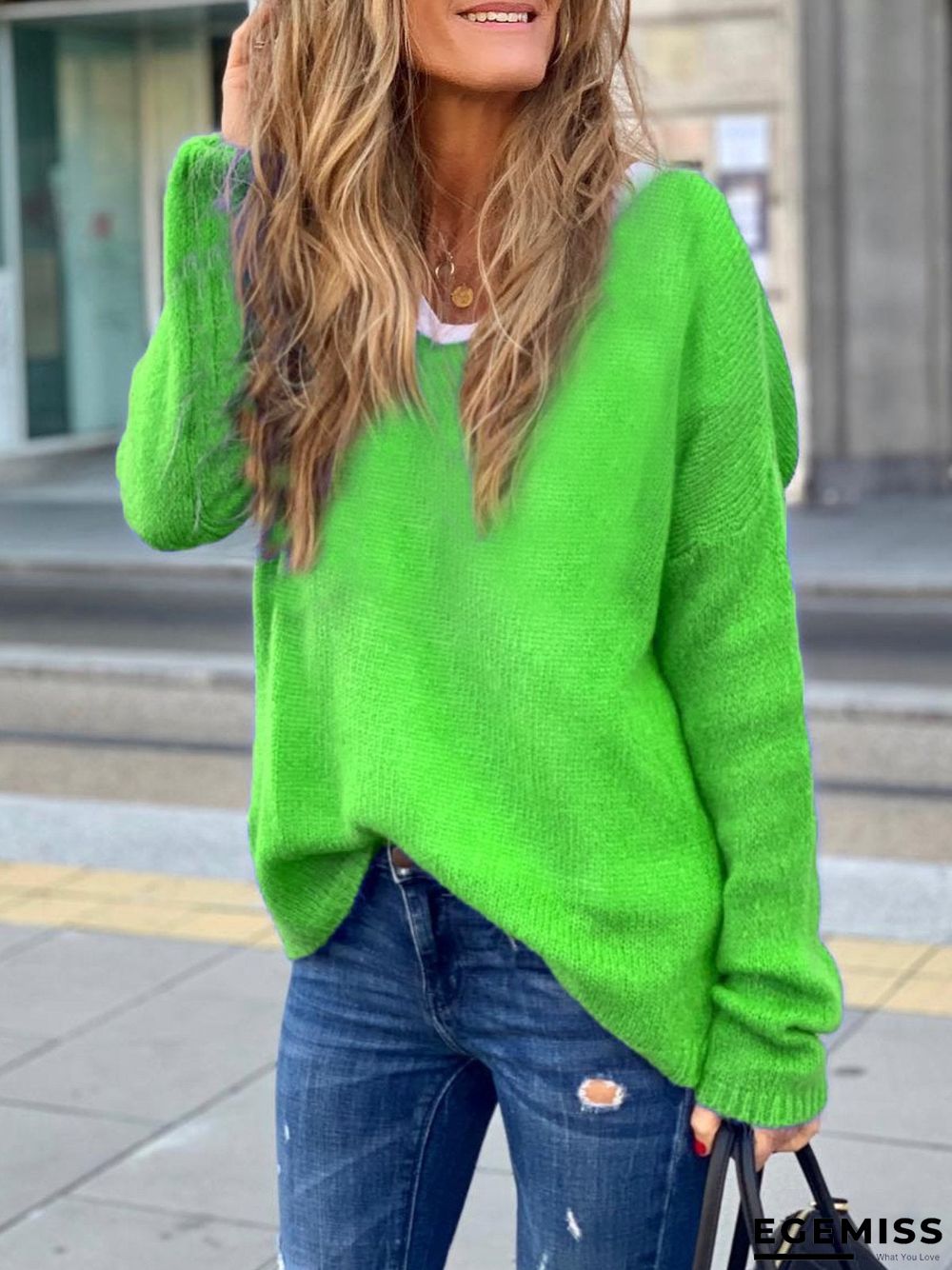 Blue Long Sleeve V Neck Shirts & Tops | EGEMISS