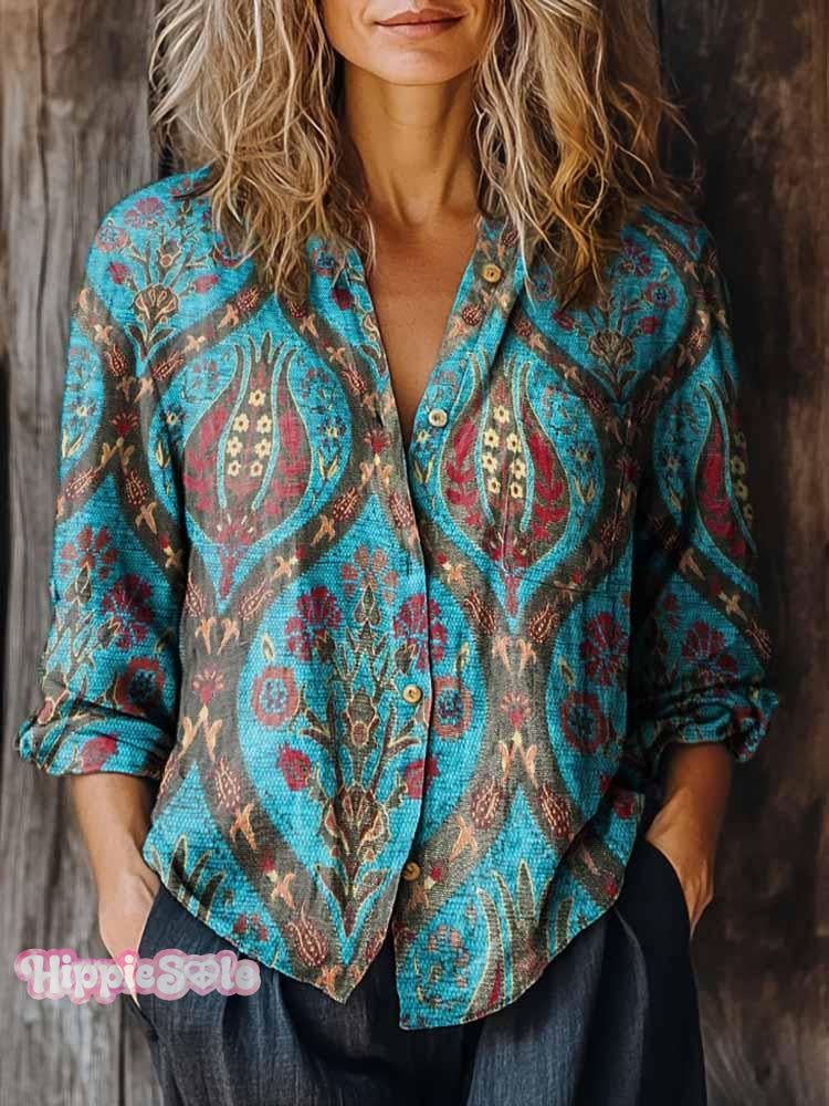 Women’s Boho Floral Art Patterns Print Casual Pocket Cotton Shirt Multicolor / S