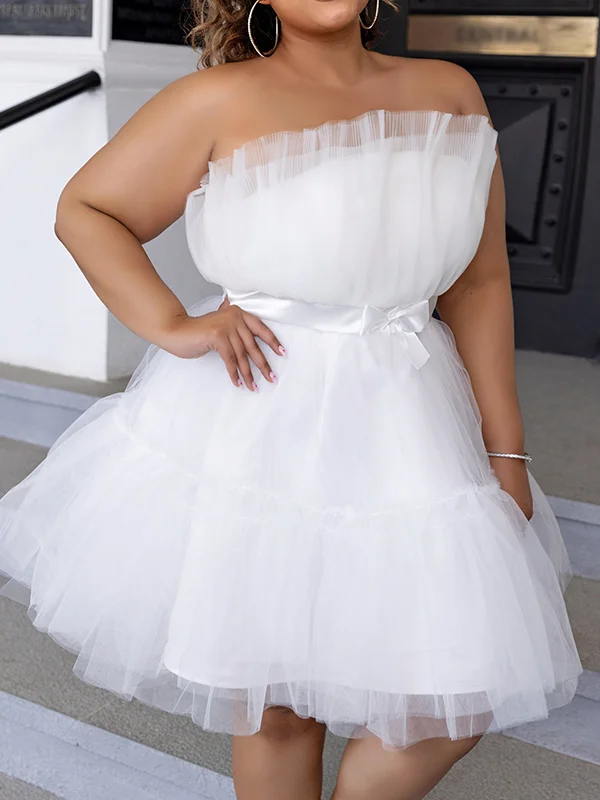 Solid Color Split-Joint Tulle Plus Size Sleeveless Off-the-shoulder Mini Dresses