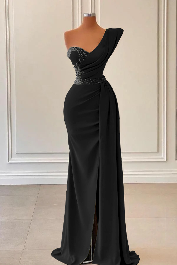 Ovlias Sage One-Shoulder Split Mermaid Prom Dress With Beads PD0781