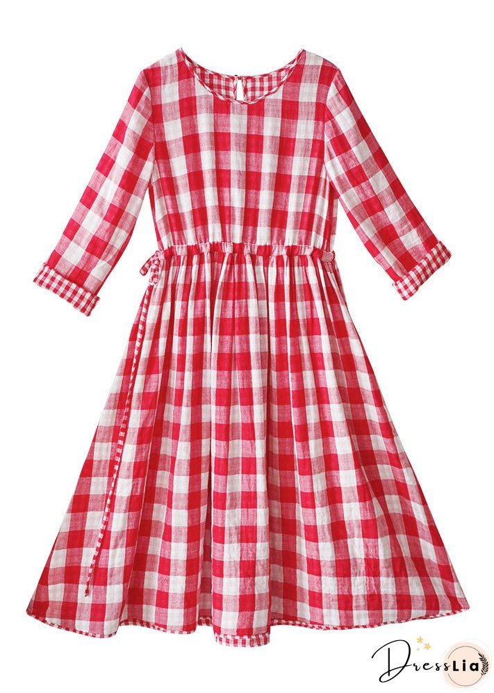 New Red O Neck Plaid Cinched Cotton Long Dresses Fall