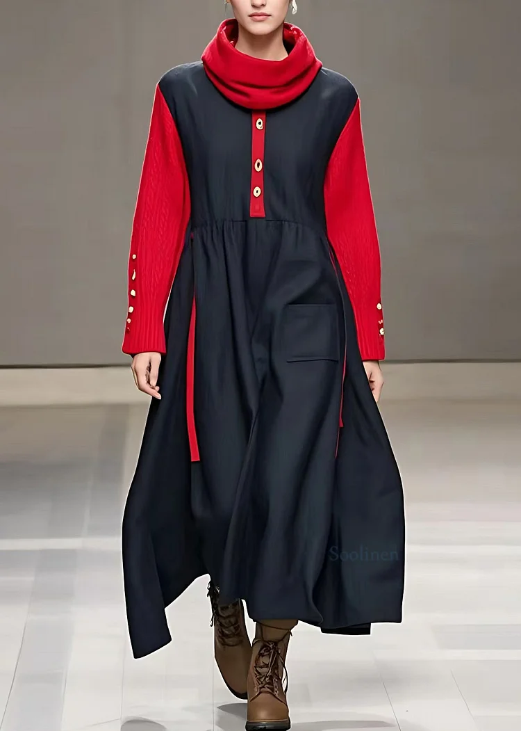 Plus Size Black Turtleneck Patchwork Maxi Dresses Long Sleeve