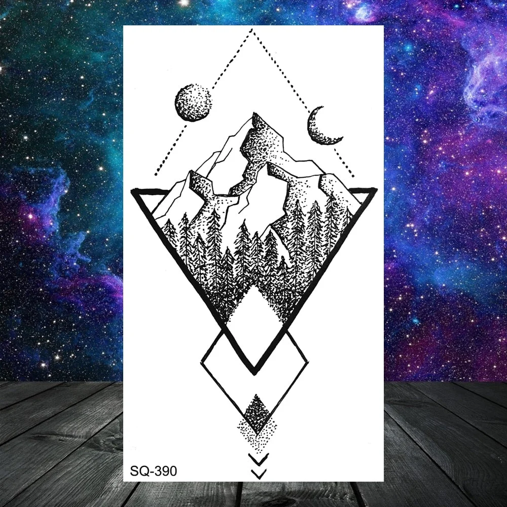 3D Geometry Mountain Sea Temporary Tattoos For Women Adult Men Kids Girl Sun Forest Eyes Fake Tattoo Neck Arm Hands Small Tatoos