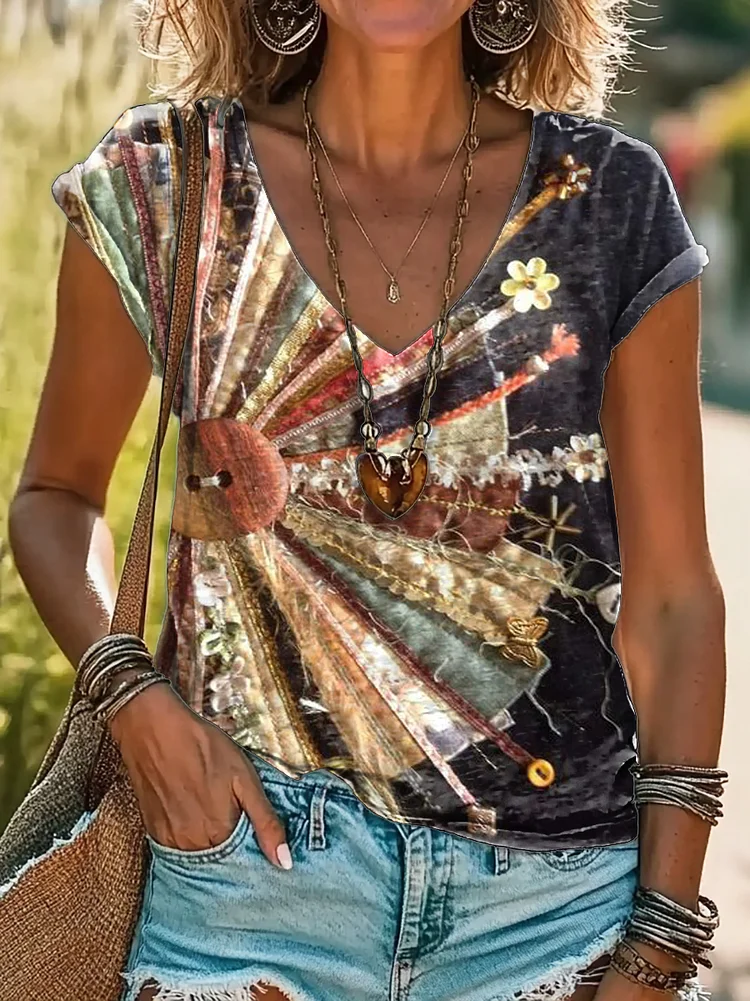 Women's Button Panel Art Print Cotton V Neck T-Shirt