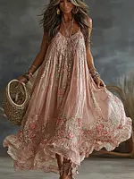 Women's Floral Roses Art Print Flowy Linen Blend Casual Suspender Maxi Dress