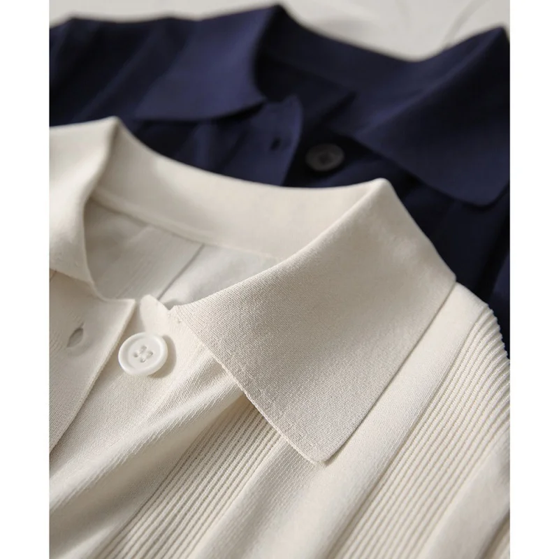 Uveng Uveng High-End Simple Style Polo Shirt Female Summer Temperament Wearing Knitted Short-Sleeved Open-Sleeve Ice Blouse