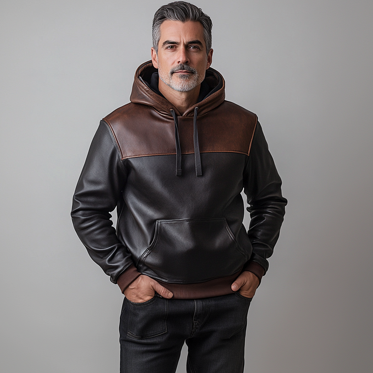 Men's PU Leather Patchwork Hoodie-inspireuse
