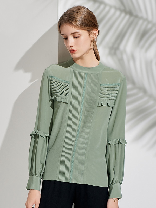 Green Silk Shirt Female Back Button Design