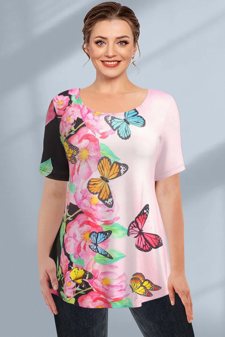 Flycurvy Plus Size Casual Pink Ombre Butterfly Floral Print Patchwork T-Shirt  Flycurvy [product_label]