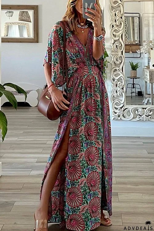 Boho Print V Neck Slit Maxi Dress